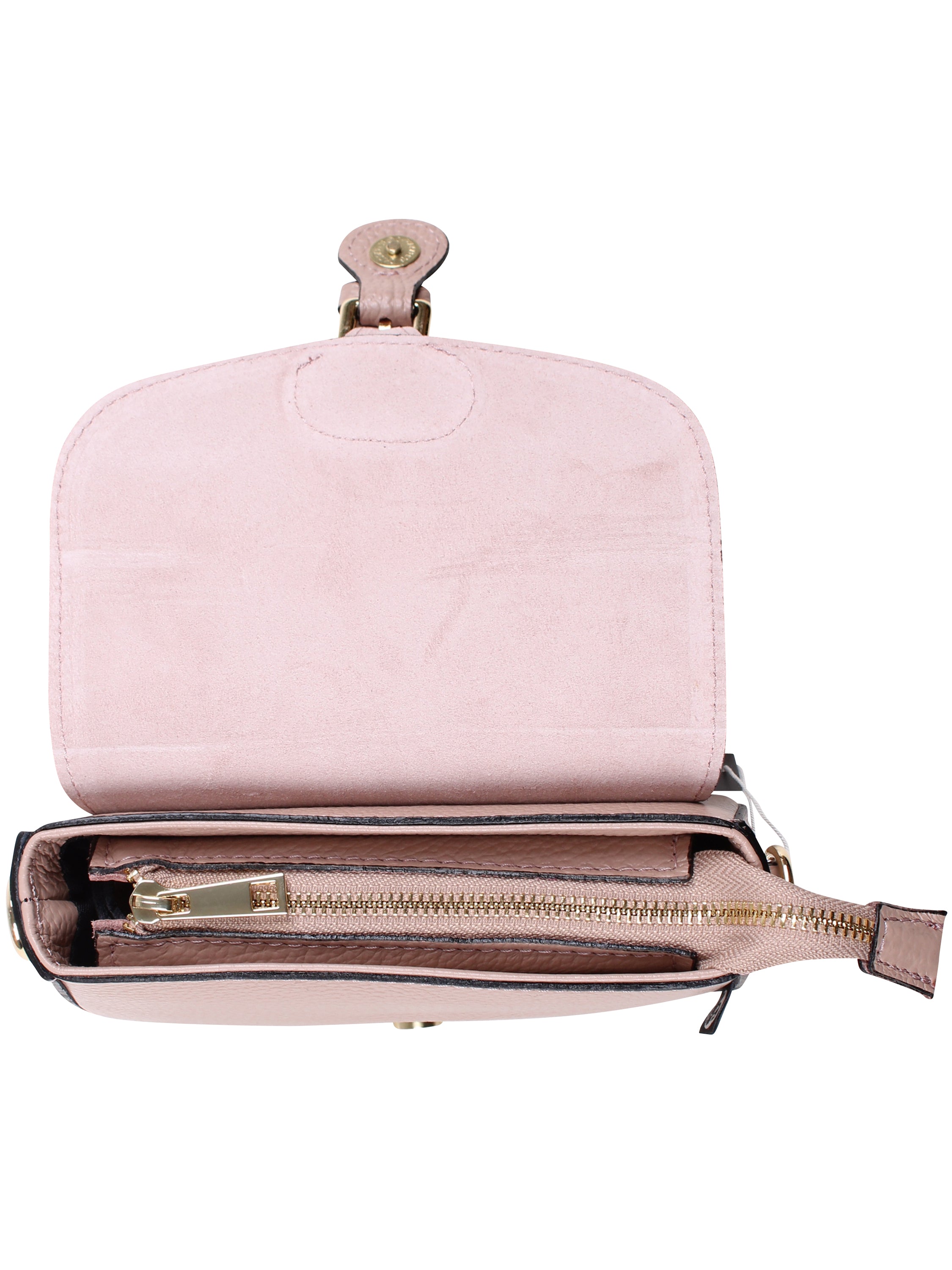 Smuk og kompakt beige skuldertaske i læder med crossbodyrem