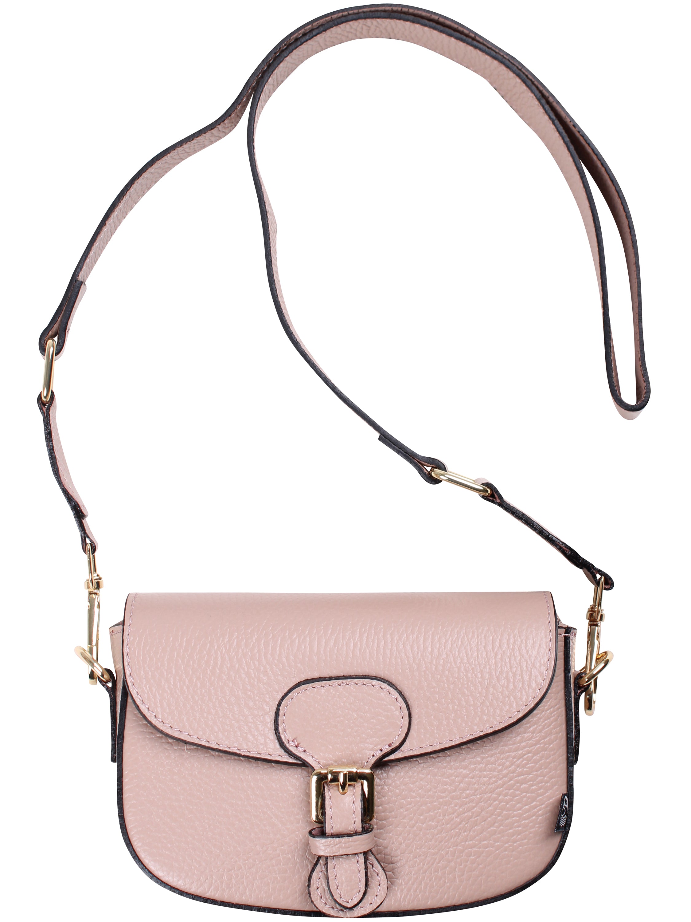 Smuk og kompakt beige skuldertaske i læder med crossbodyrem