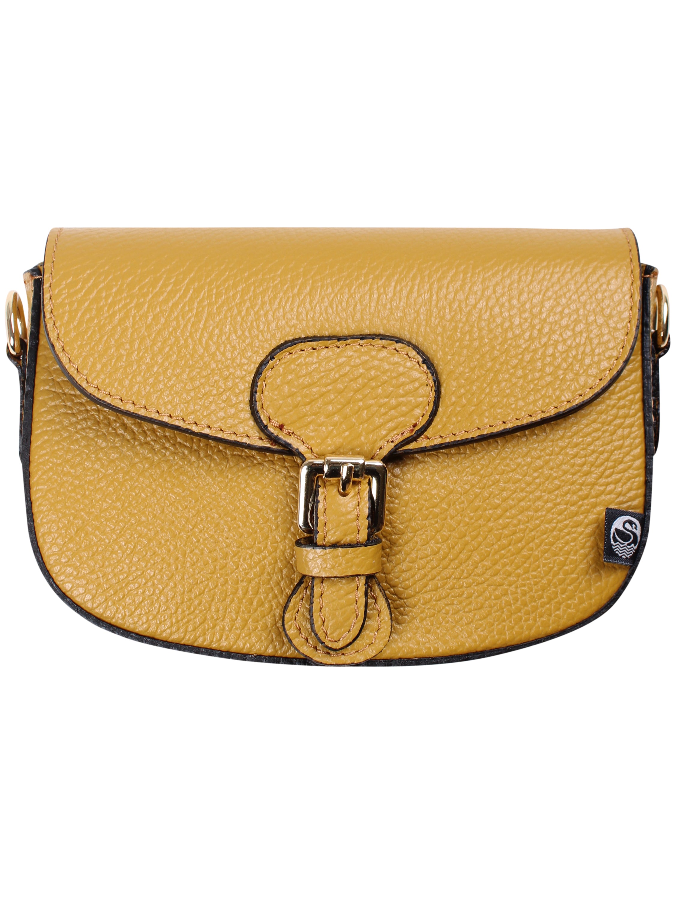 Smuk og kompakt okkergul skuldertaske i læder med crossbodyrem