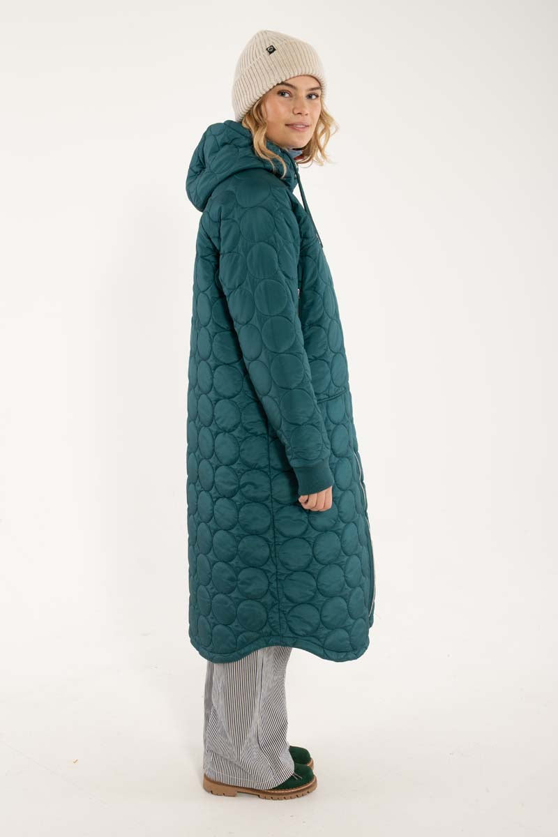Lang quiltet termojakke i blågrøn nuance til kvinder