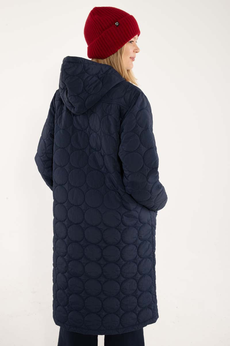Lang quiltet termofrakke i navyblå til kvinder