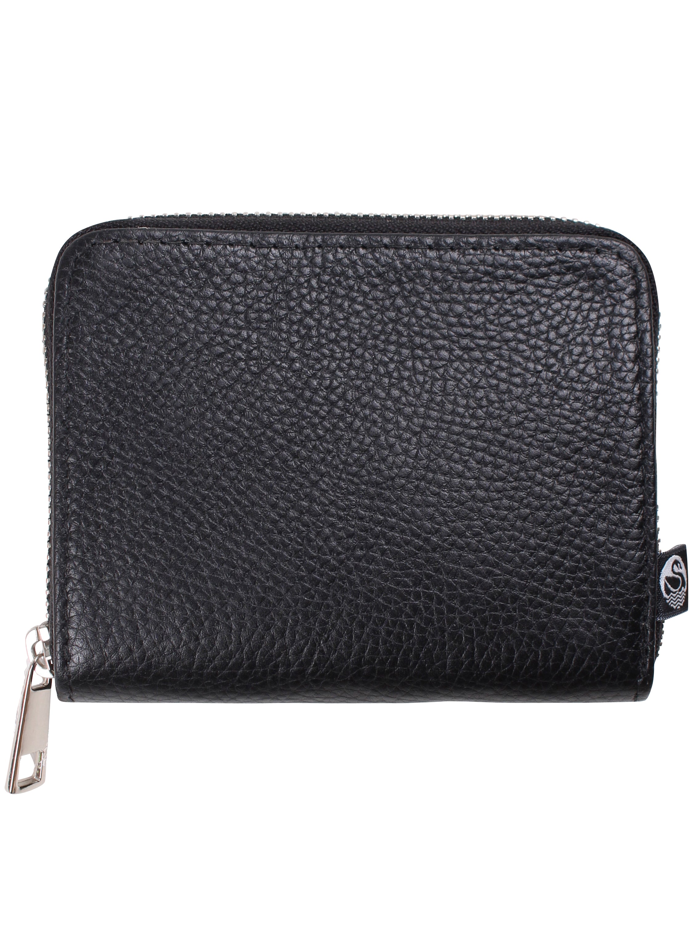 Sort læderpung med lynlås.