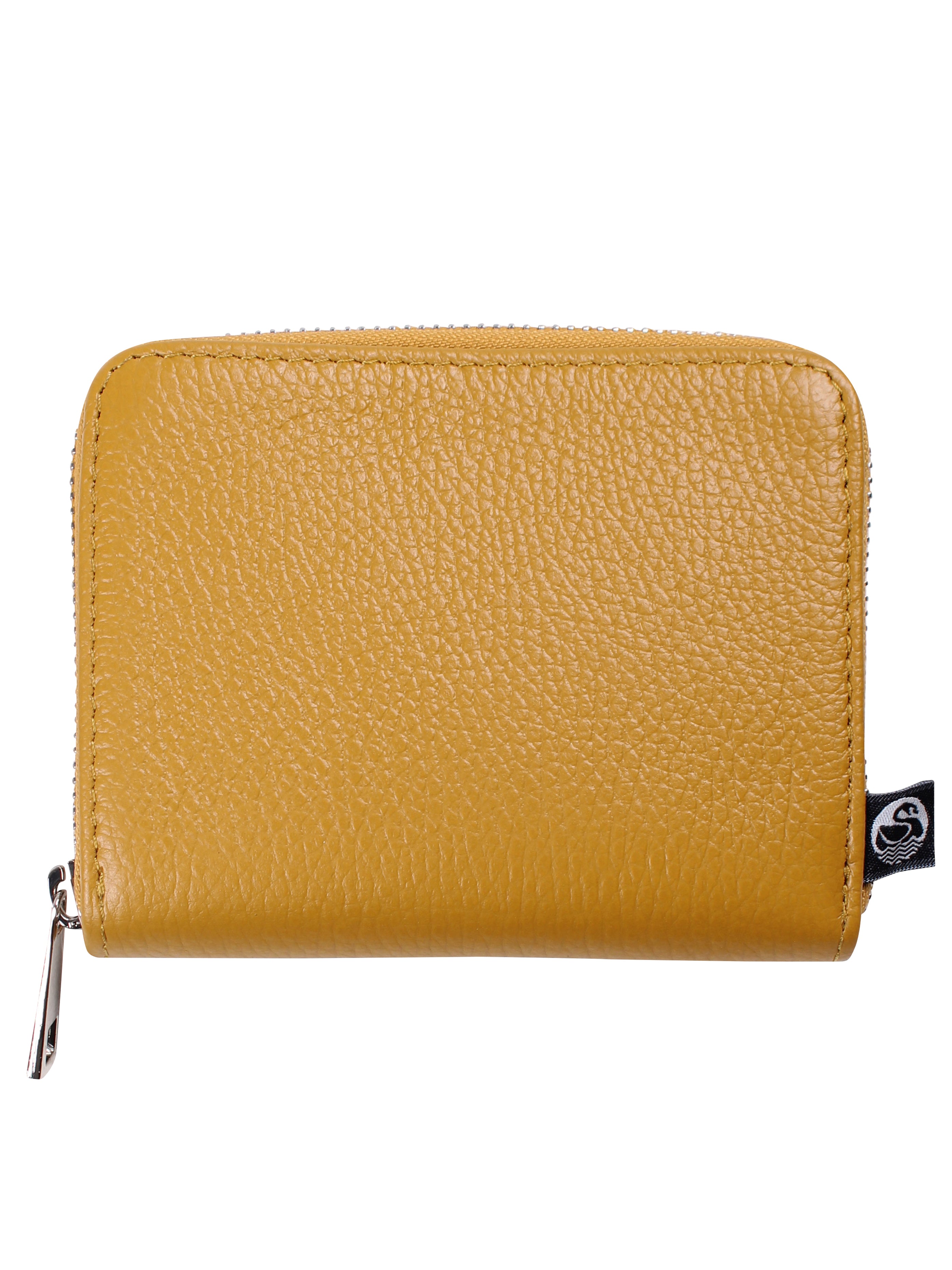Okkergul læderpung med lynlås.