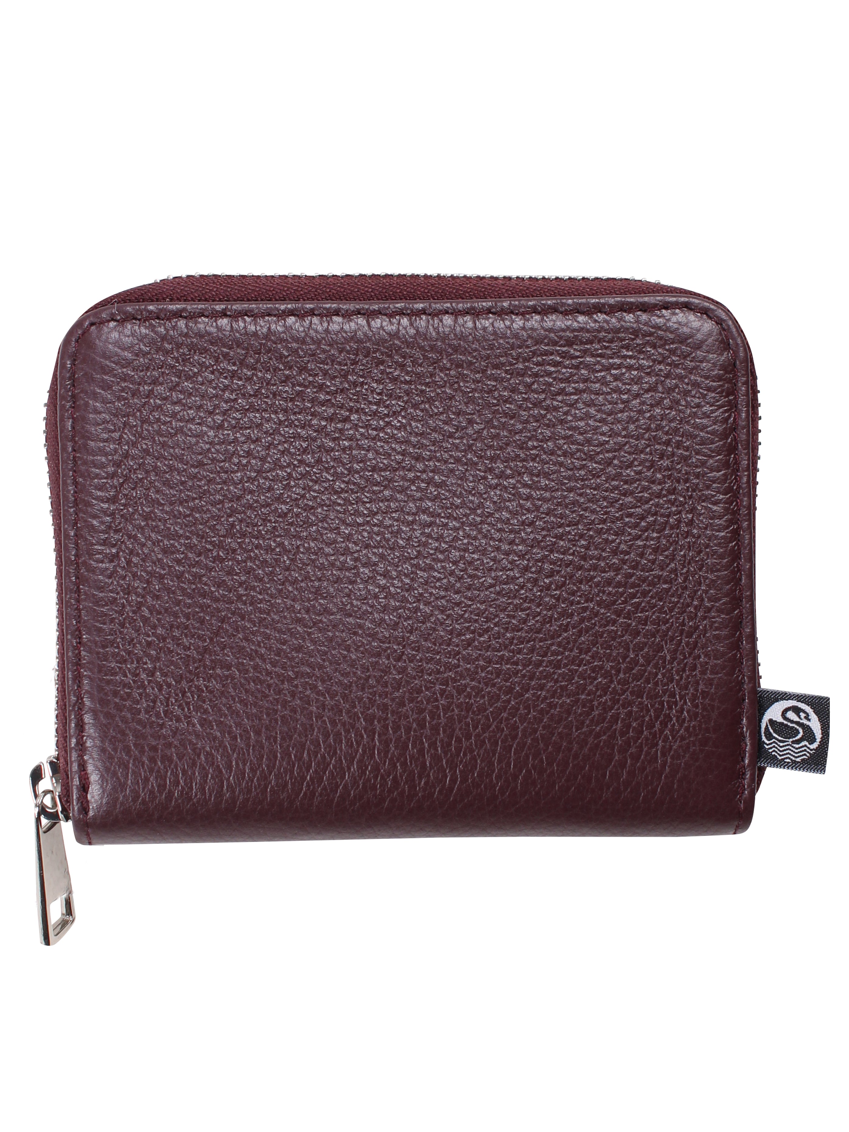 Vinrød læderpung med lynlås.