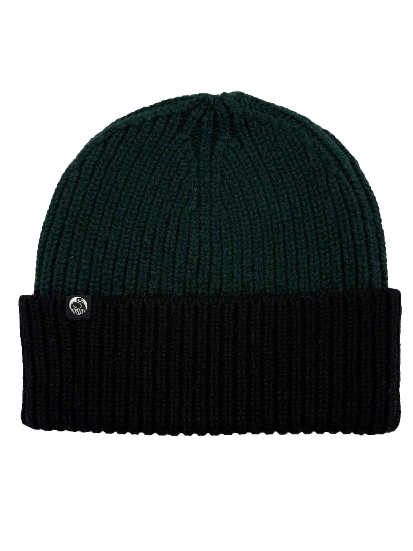 Fin blågrøn og sort hue i 100% merinould