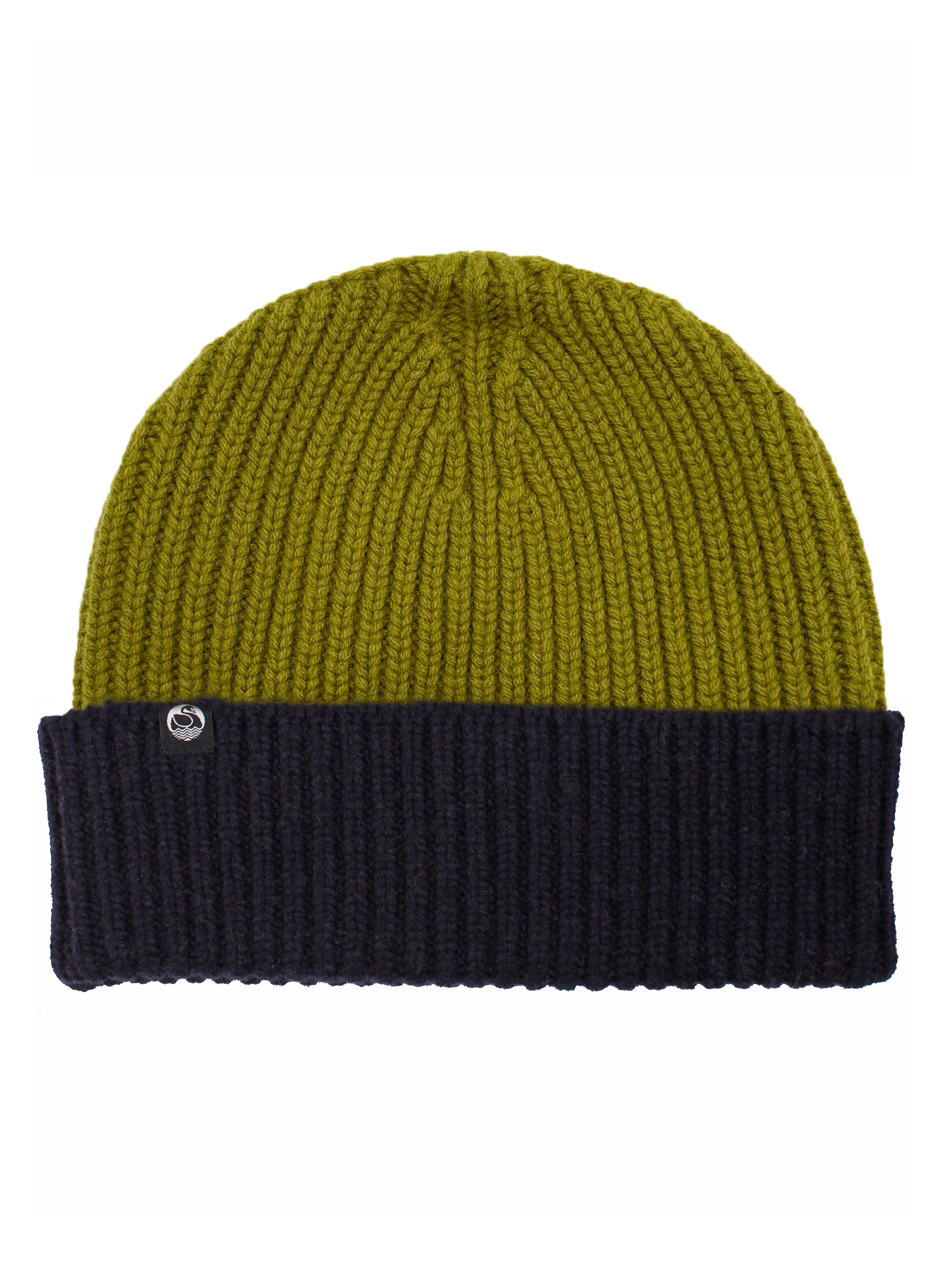 Fin olivengrøn og navyblå hue i 100% merinould