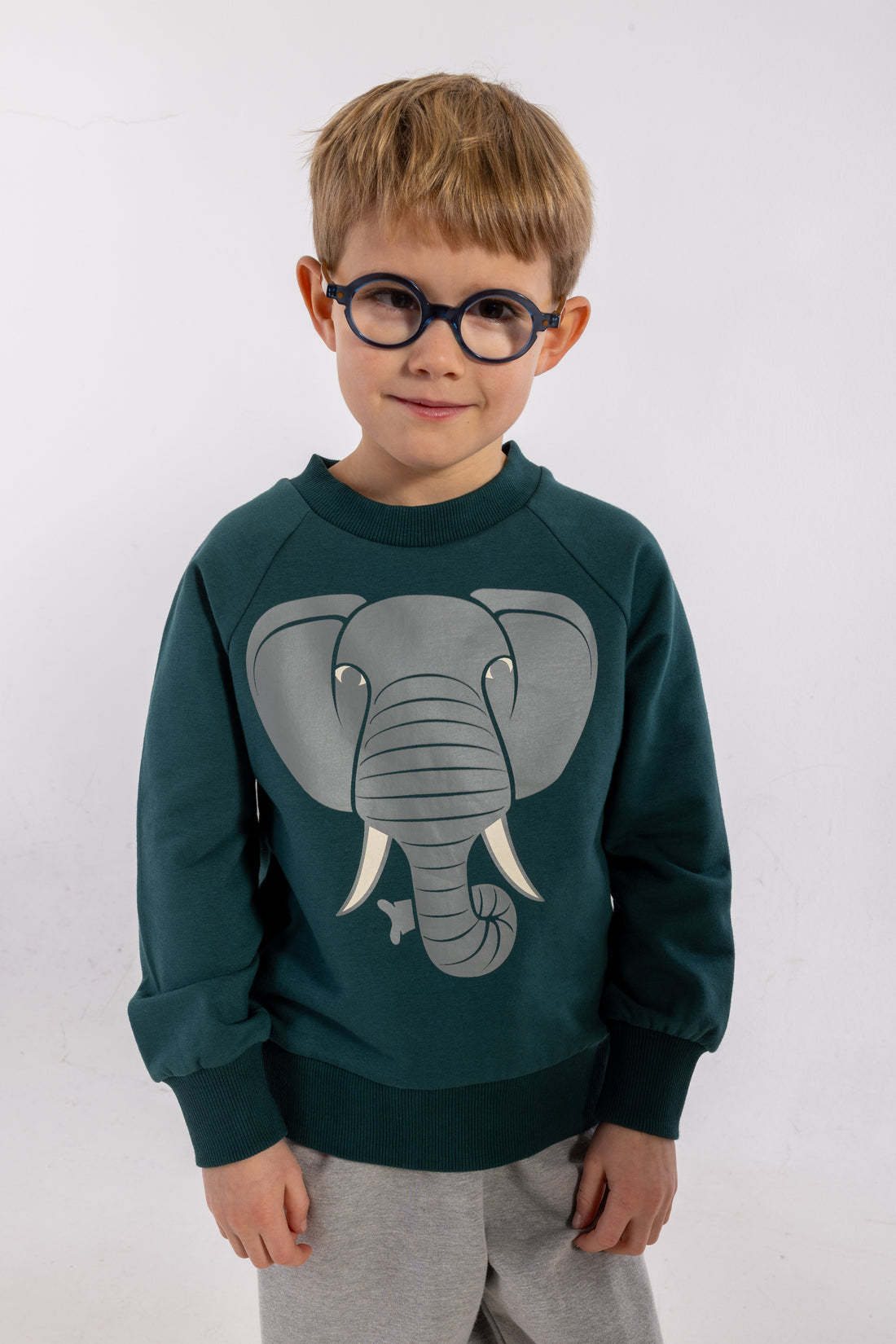 Skøn blågrøn sweatshirt til børn med print af elefant