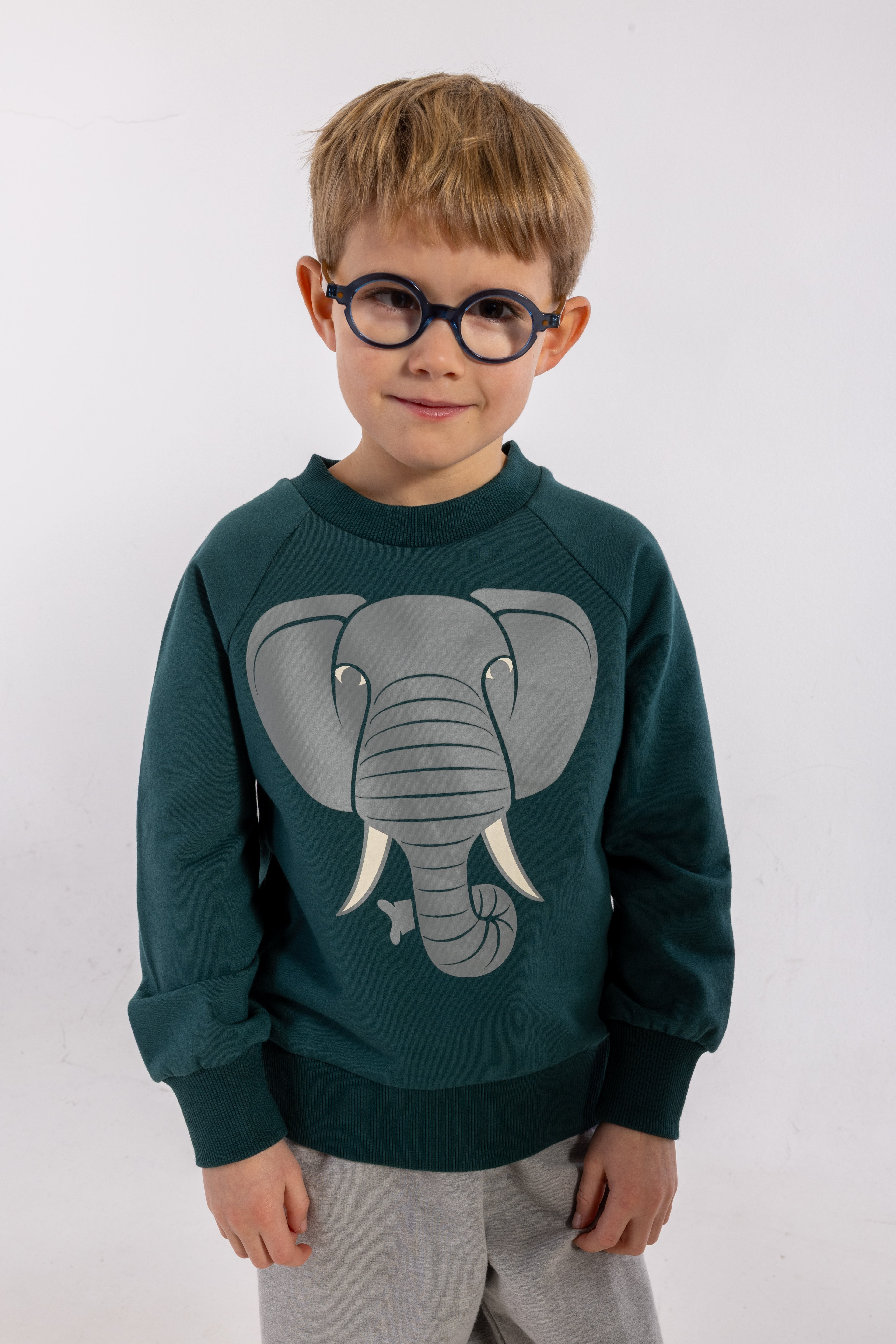 Skøn blågrøn sweatshirt til børn med print af elefant