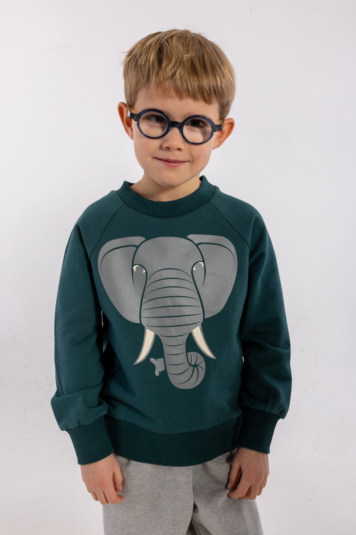 Skøn blågrøn sweatshirt til børn med print af elefant