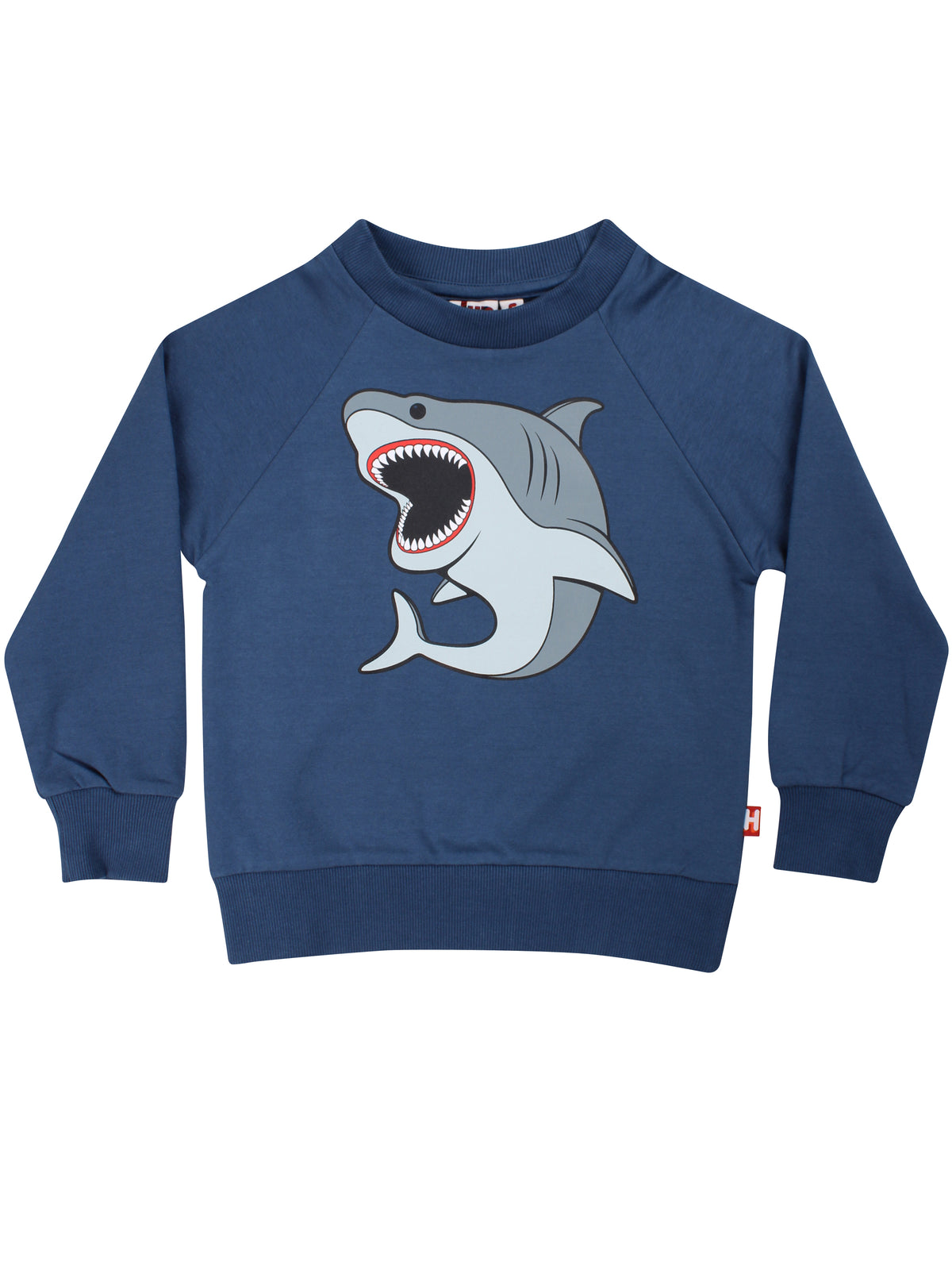 Skøn gråblå sweatshirt til børn med print af hvidhaj