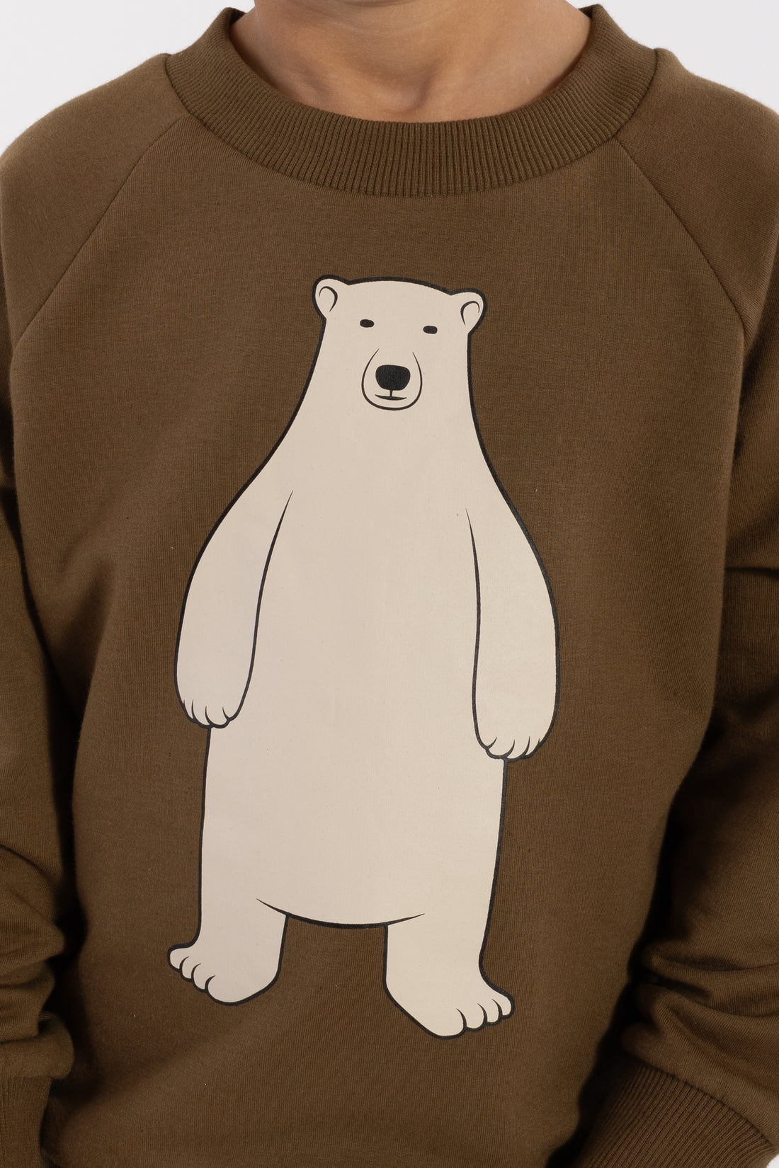 Skøn olivengrøn sweatshirt til børn med print af isbjørn