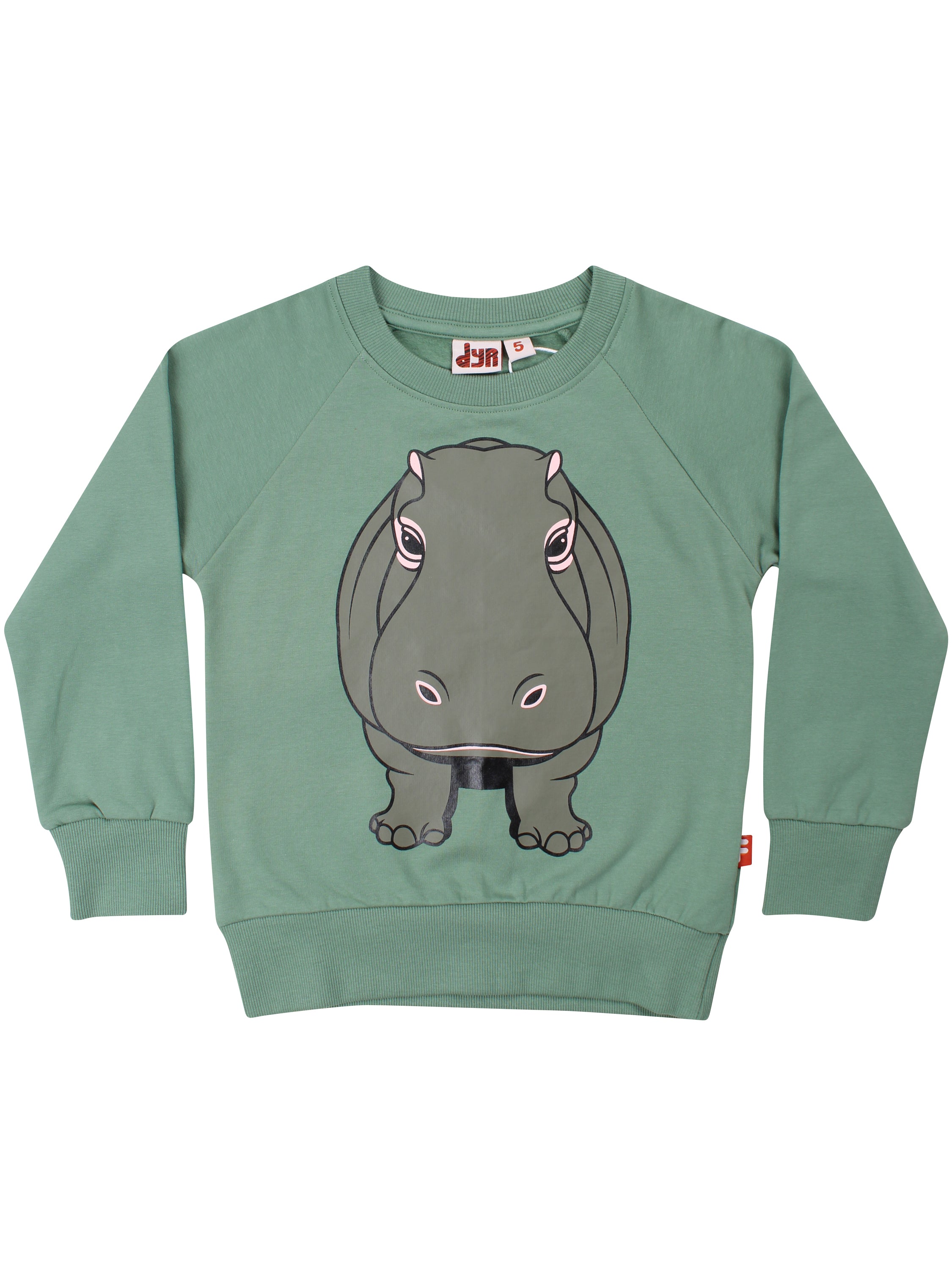 Skøn grøn sweatshirt til børn med print af flodhest