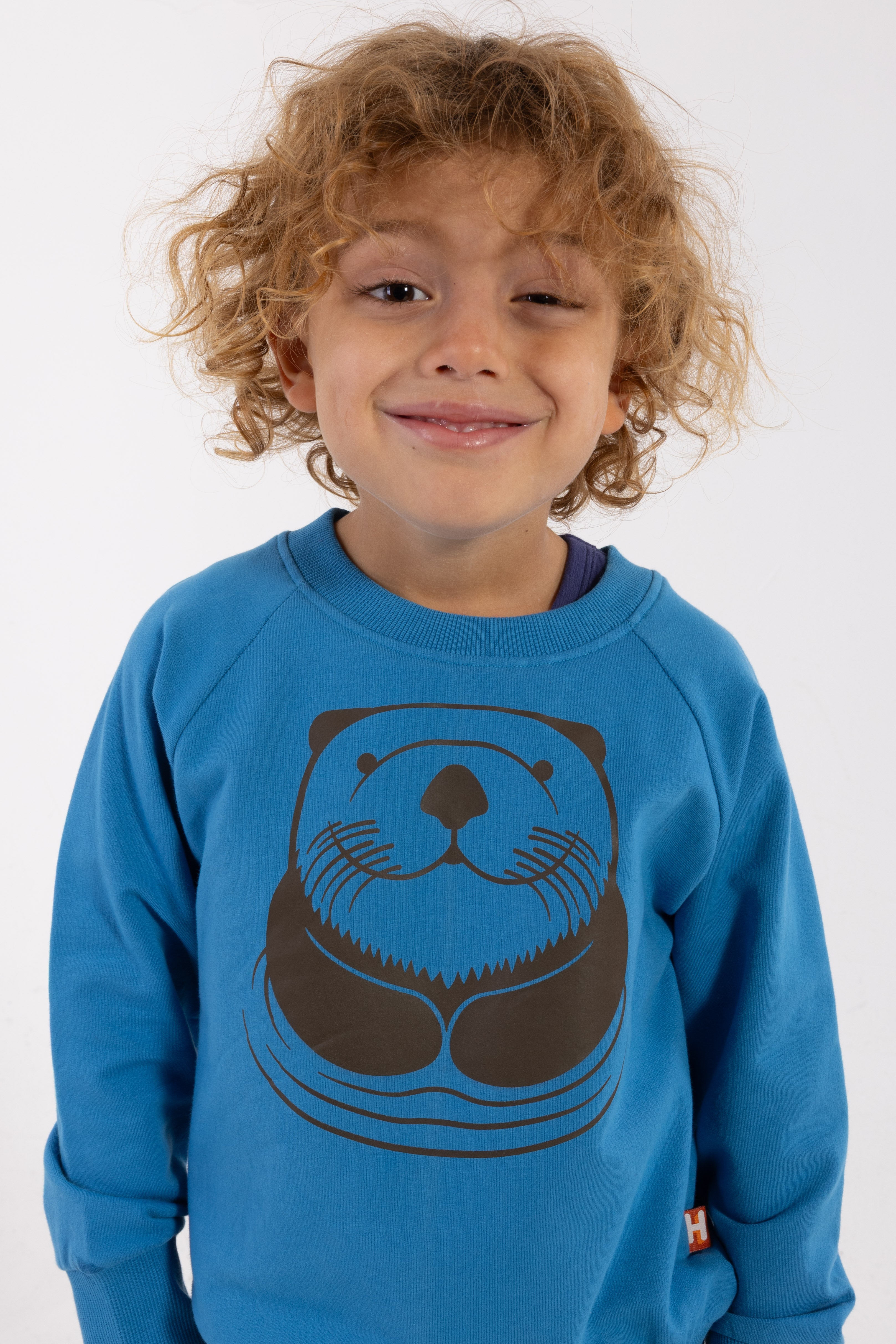 Skøn blå sweatshirt til børn med print af havodder