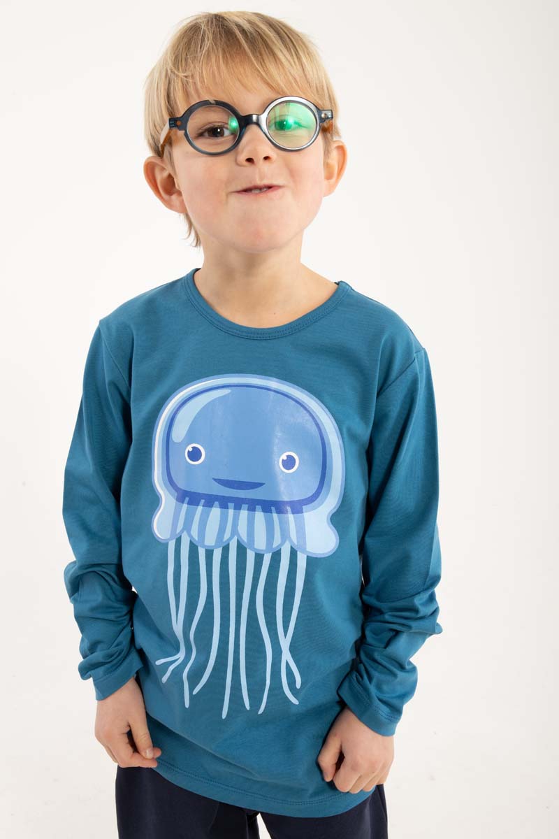 Lækker blå bluse til børn med print af vandmand
