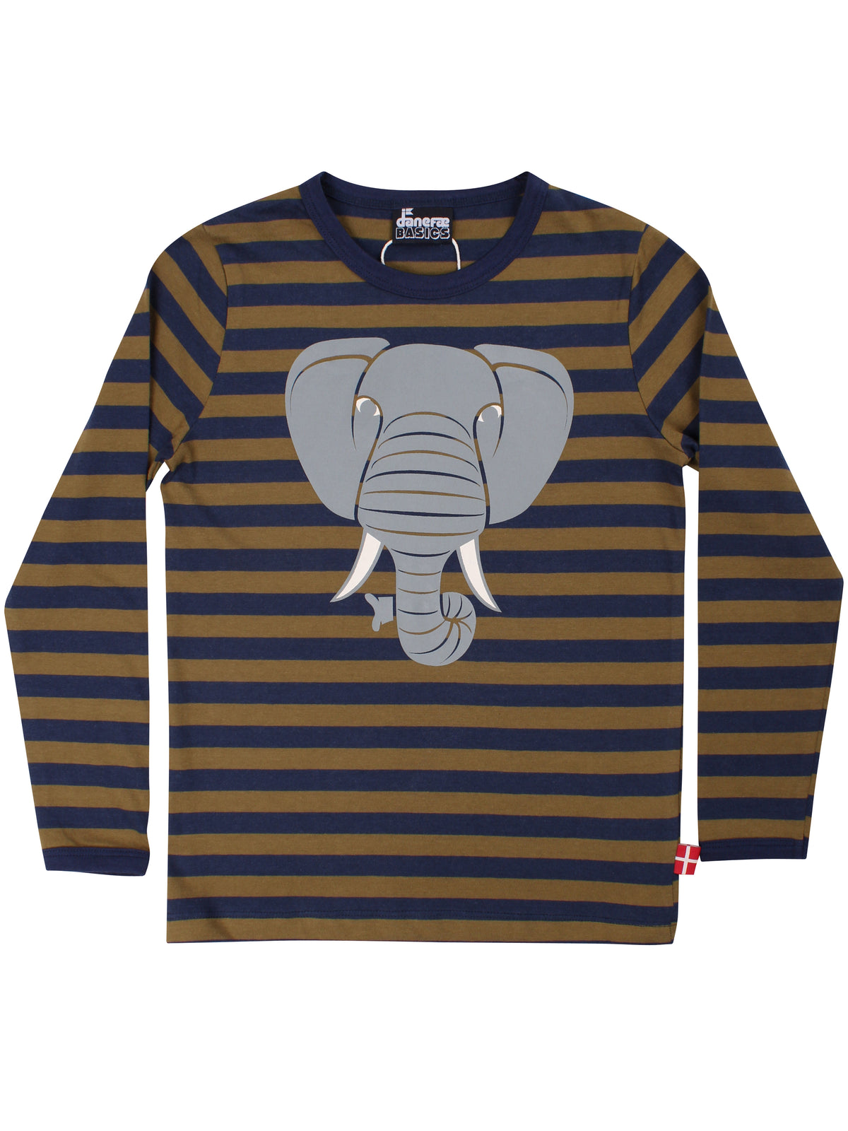 Sød langærmet bluse med olivengrønne og navyblå striber og print af elefant til børn fra Dyr Cph
