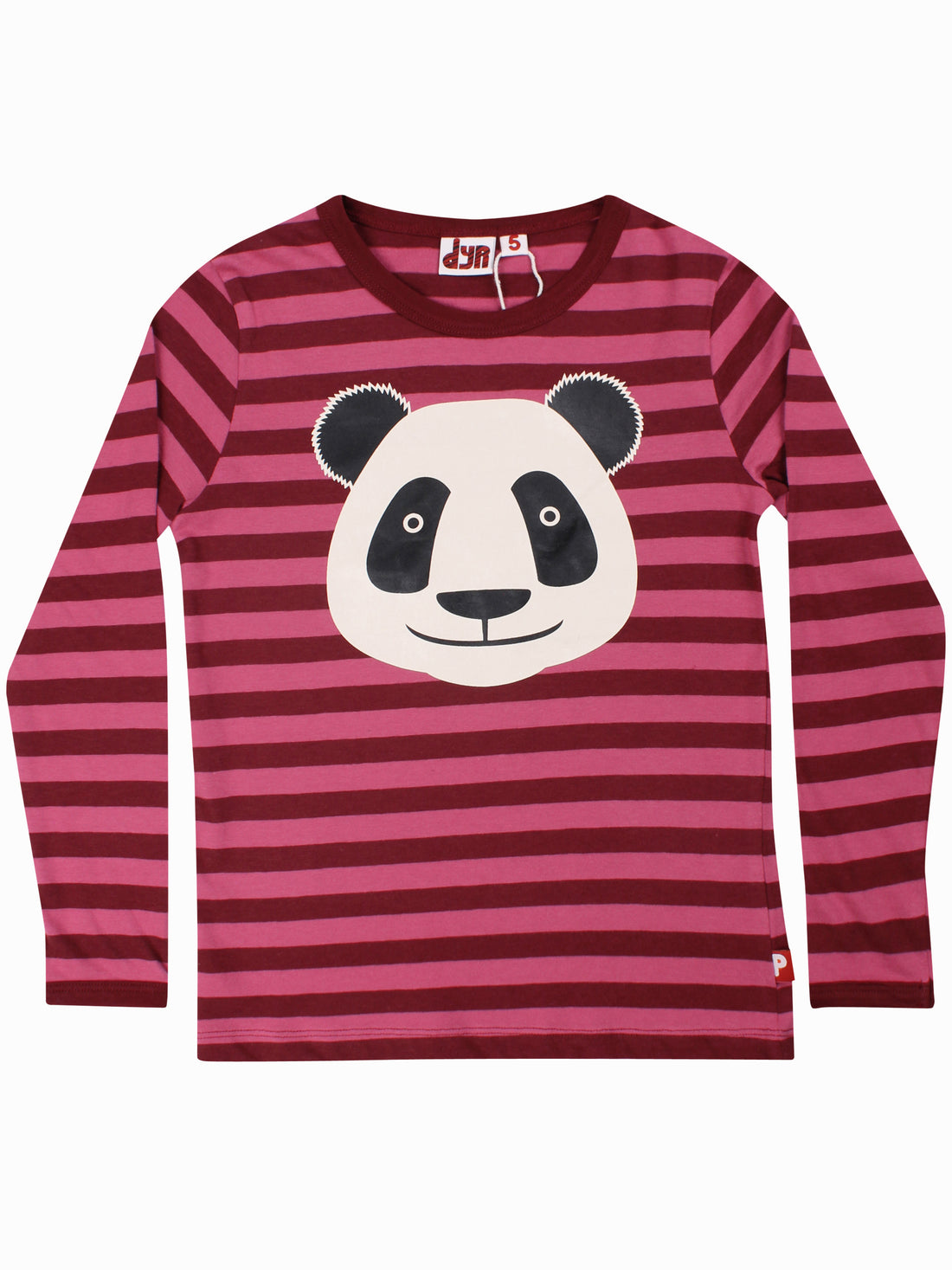 Sød langærmet bluse med kirsebærrøde og bærlyserøde striber og med print af panda til børn fra Dyr Cph