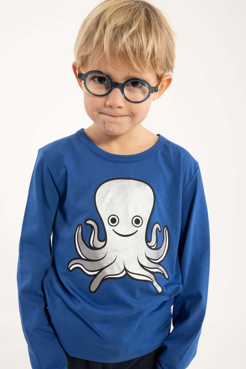 Blå trøje til børn med print af sød blæksprutte