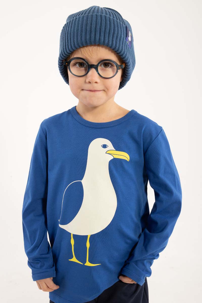 Blå bluse til børn med print af måge