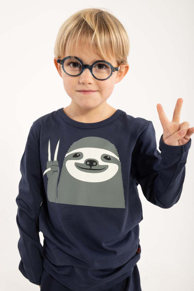 Mørkeblå bluse til børn med print af dovendyr