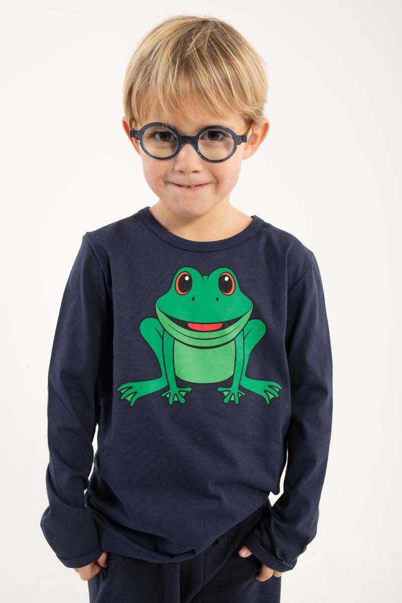 Mørkeblå bluse til børn med print af grøn frø