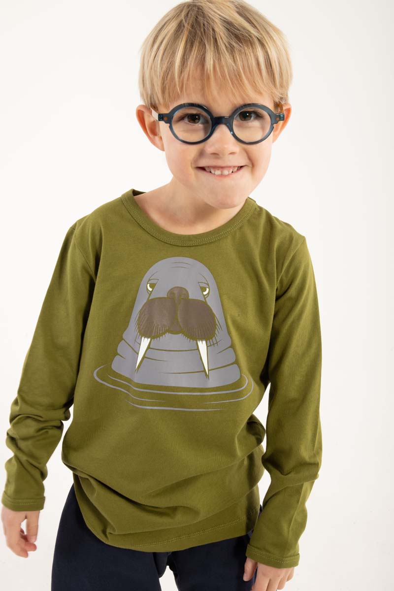 Olivengrøn bluse til børn med print af hvalros