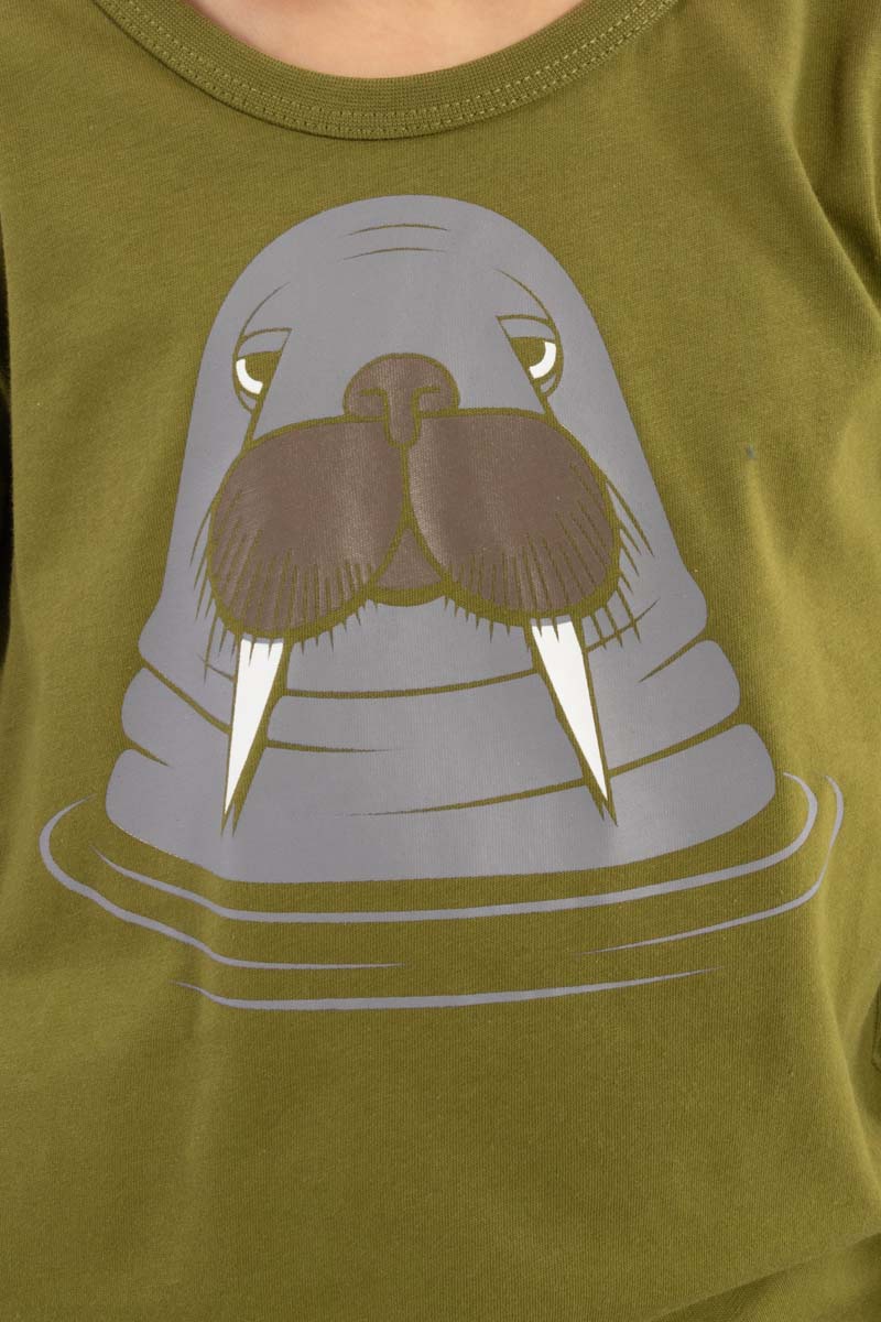Olivengrøn bluse til børn med print af hvalros
