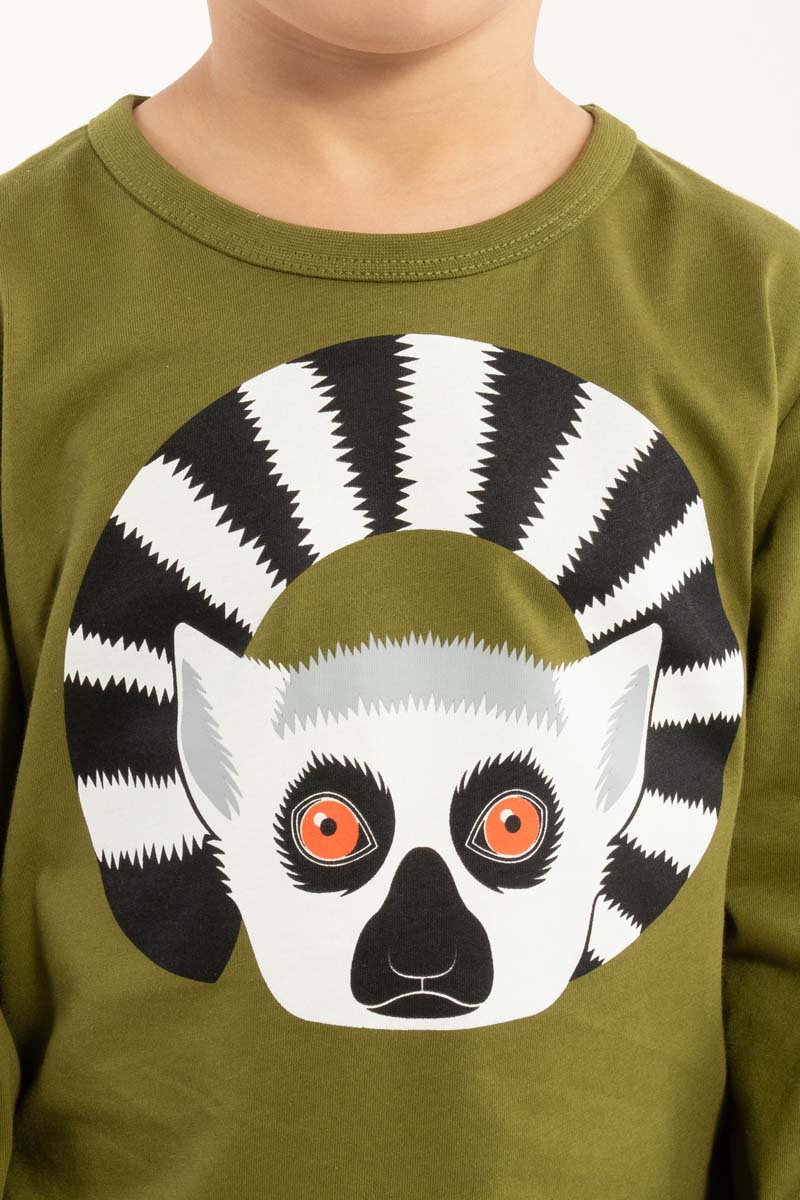 Olivengrøn bluse til børn med print af lemur