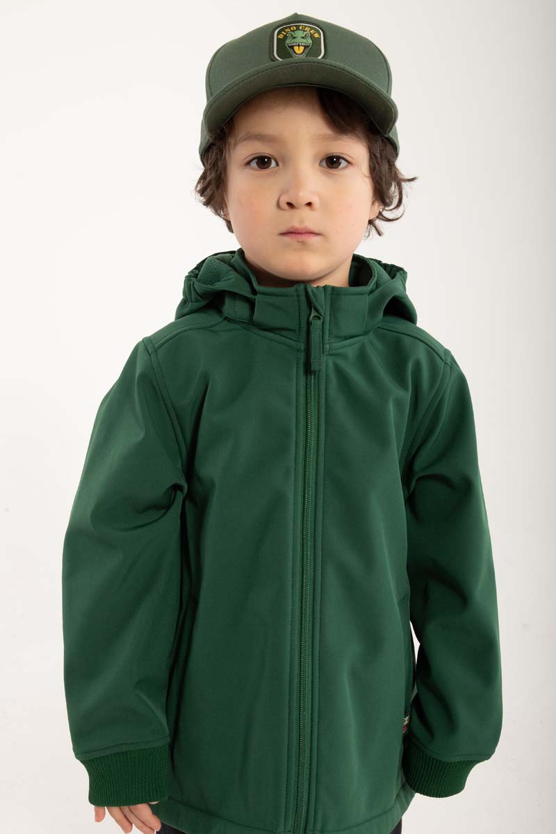Smart softshell jakke til børn med print af t-rex dinosaur på ryggen