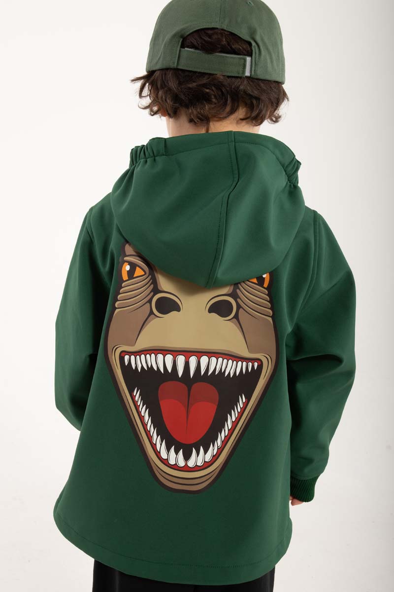 Smart softshell jakke til børn med print af t-rex dinosaur på ryggen