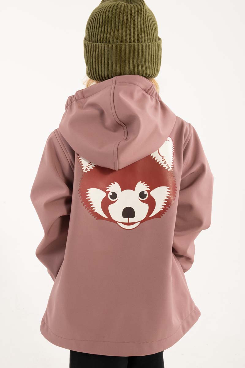 Fin softshell jakke til børn med print af en rød panda på ryggen