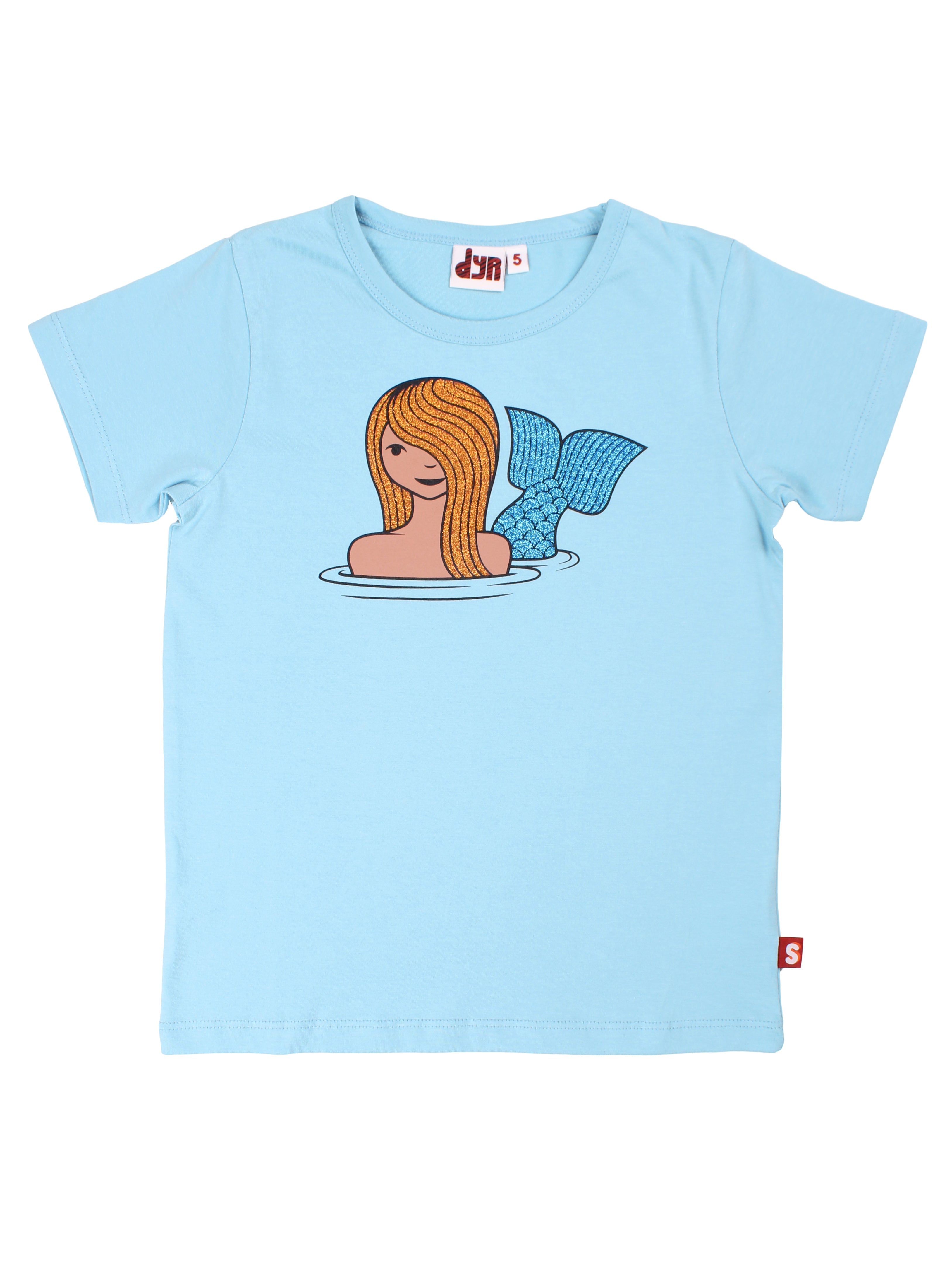 Lyseblå t-shirt med havefrueprint i glitter til børn