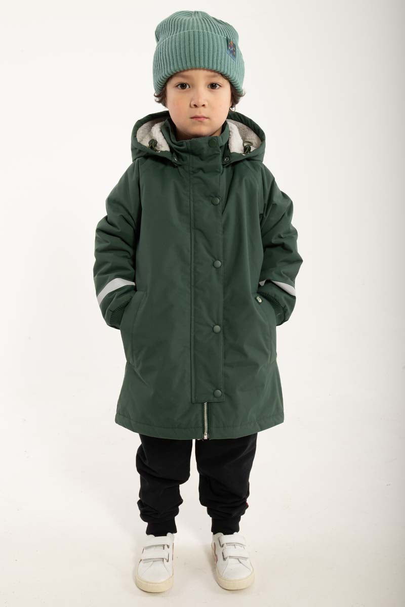 Vandtæt mørkegrøn vinterjakke med refleksprint af viking til børn