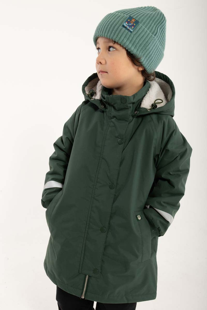 Vandtæt mørkegrøn vinterjakke med refleksprint af viking til børn