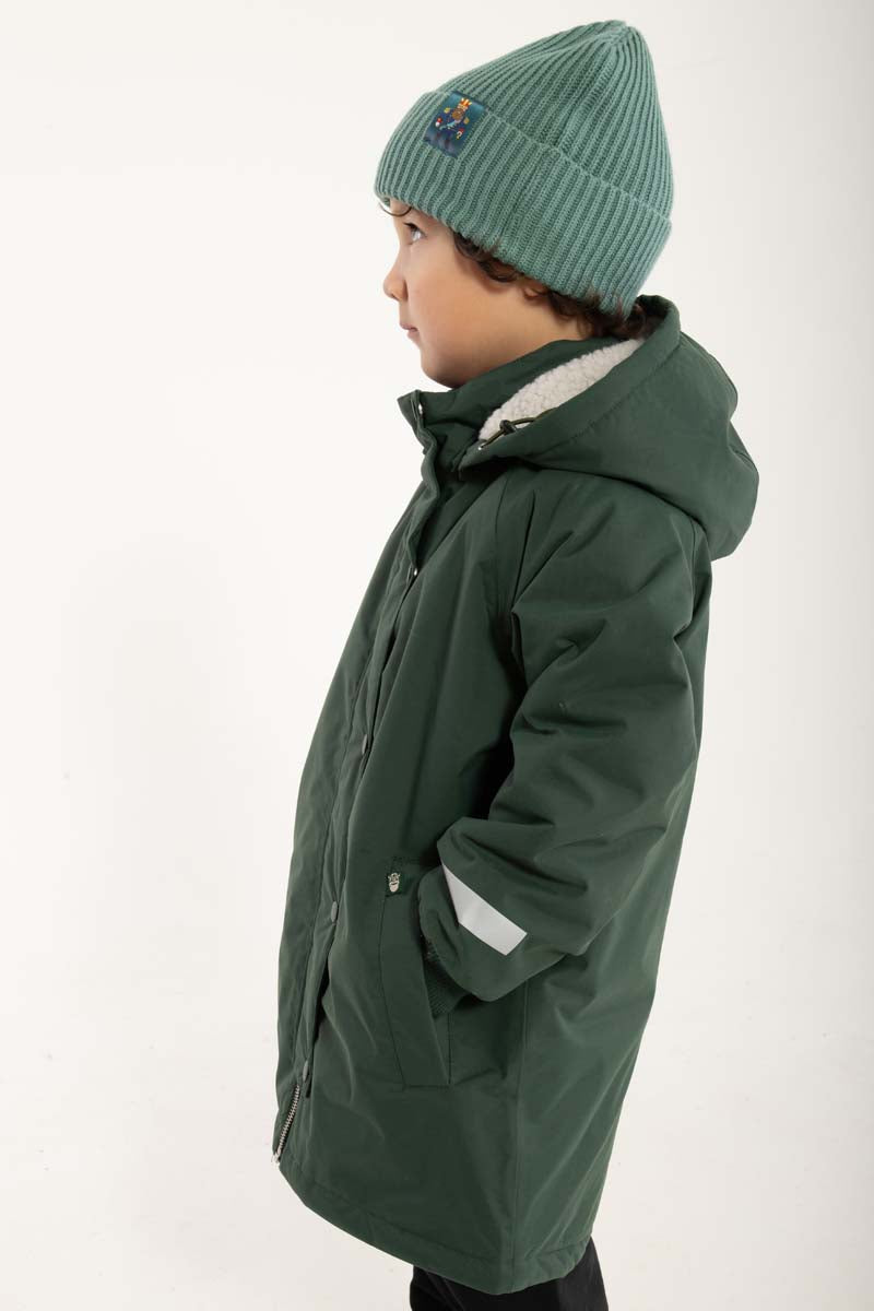 Vandtæt mørkegrøn vinterjakke med refleksprint af viking til børn