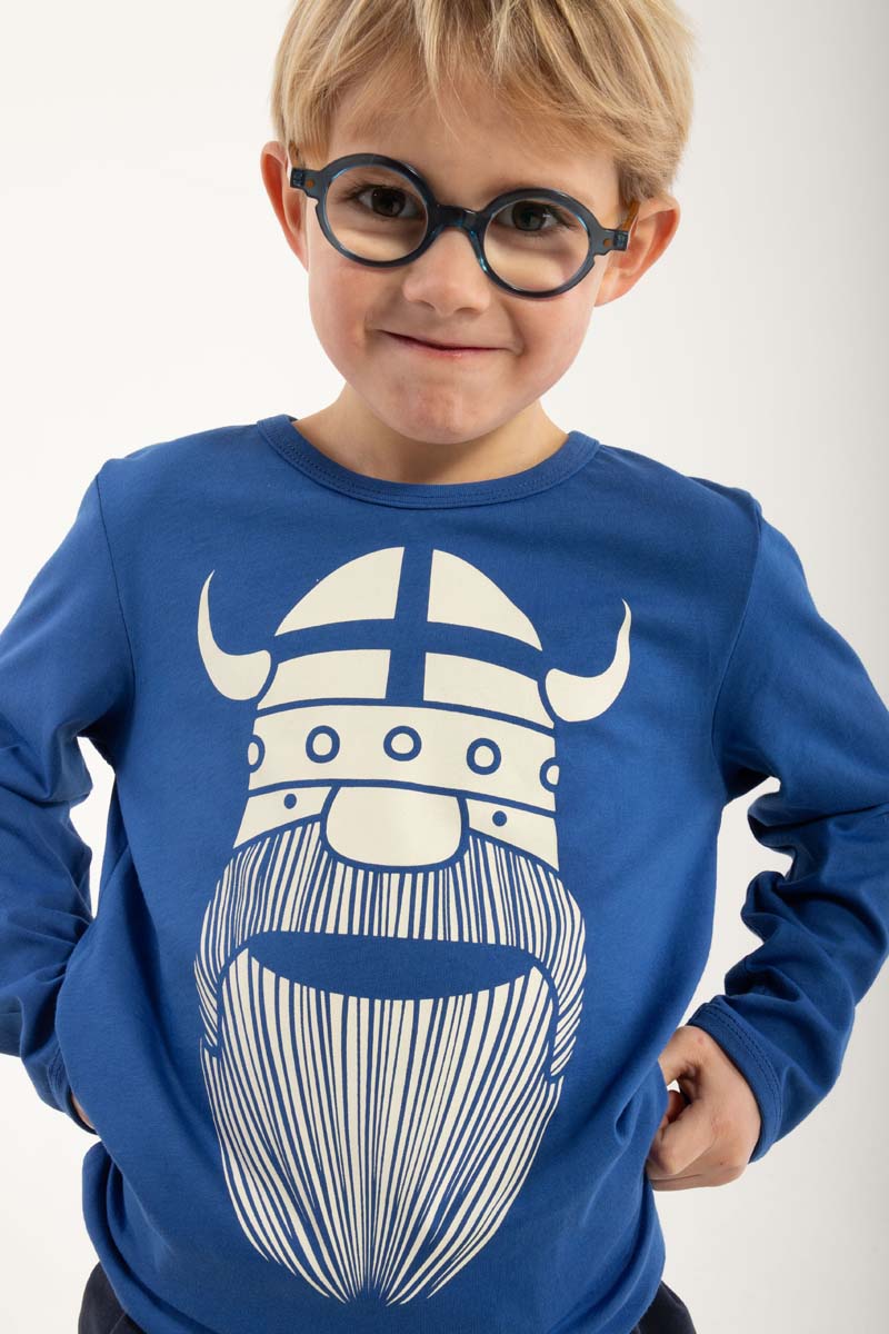 Langærmet blå bluse med print af vikingen Erik til børn