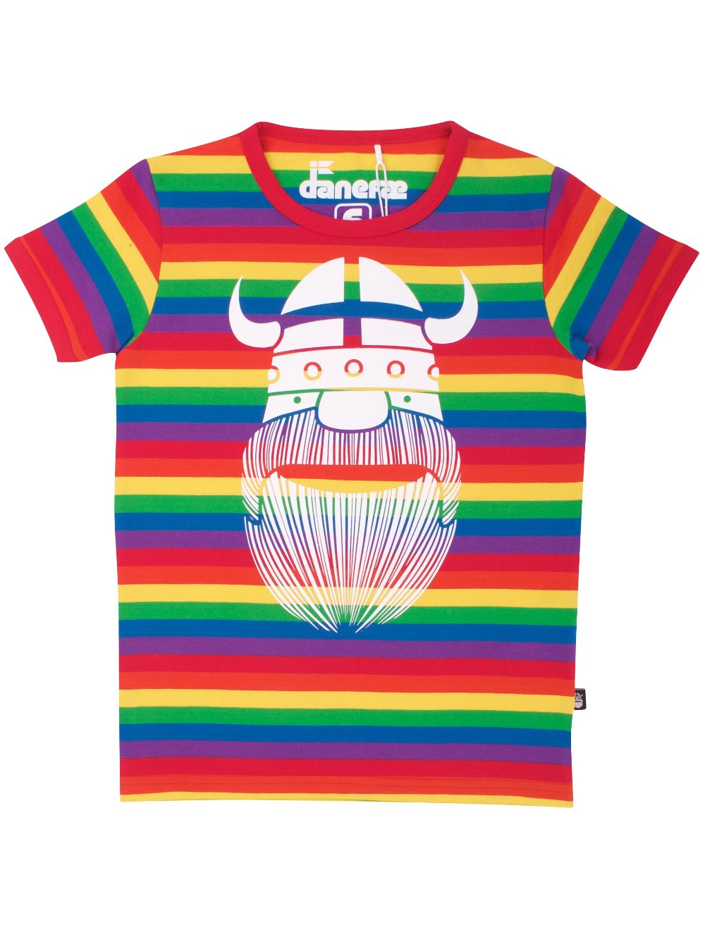 Fin regnbuestribet t-shirt i bomuld med print af vikingen Erik til børn