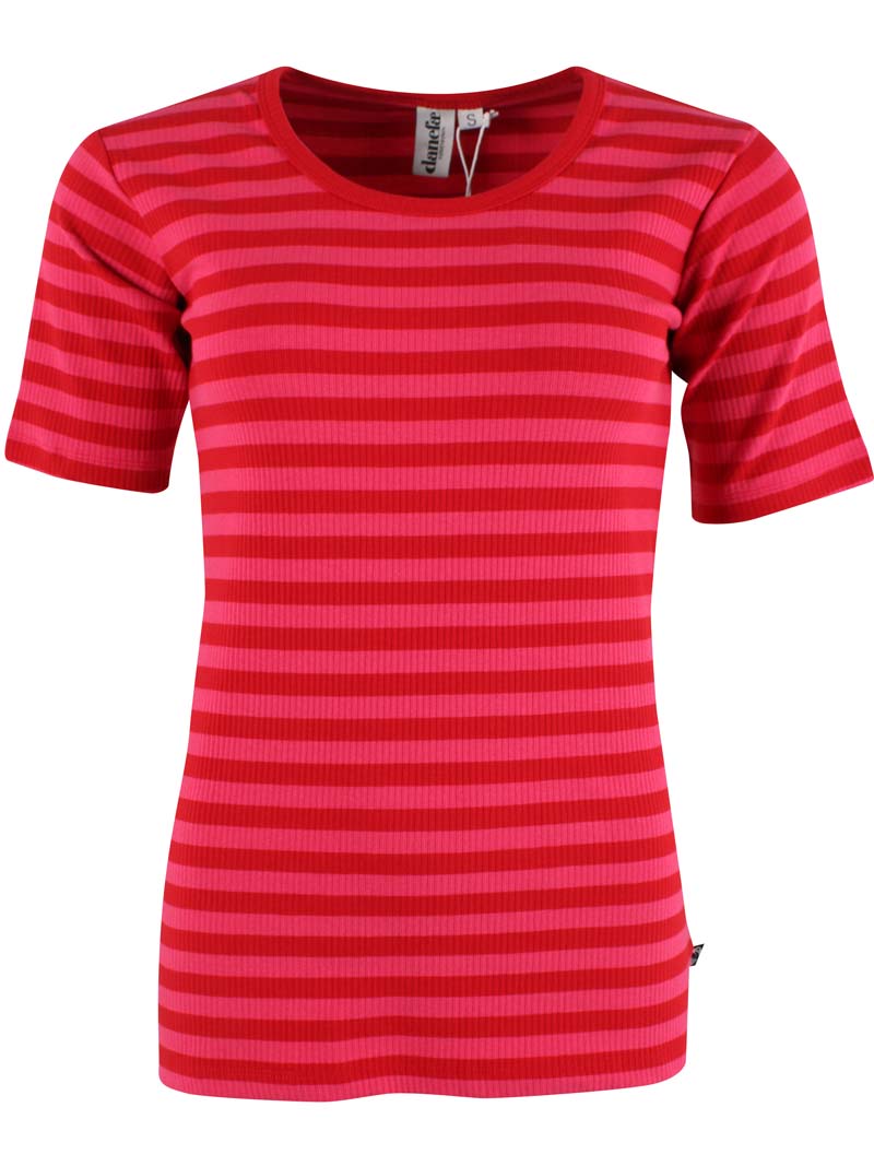 Lækker t-shirt med røde og pink striber til kvinder