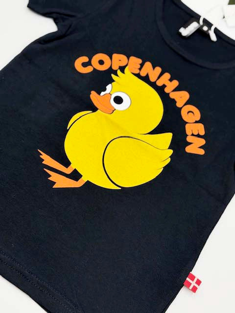 Sød navyblå t-shirt i bomuld til børn med print af en and