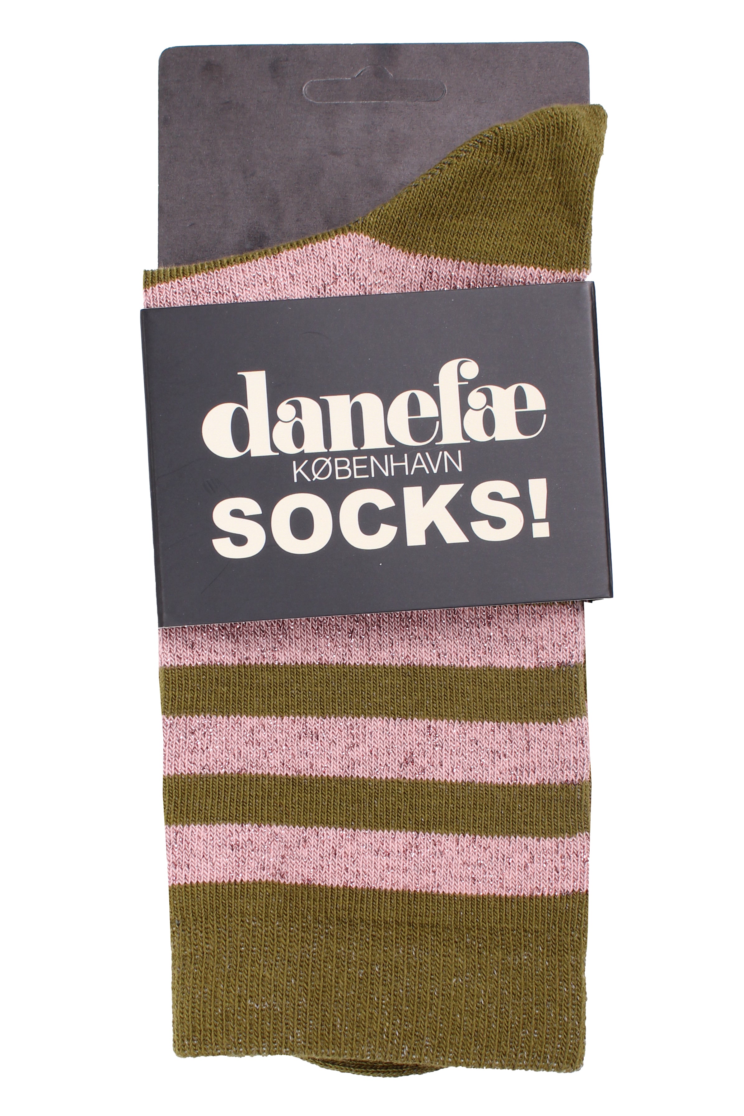 Stribede sokker med glittereffekt i støvet rosa og olivengrøn til kvinder