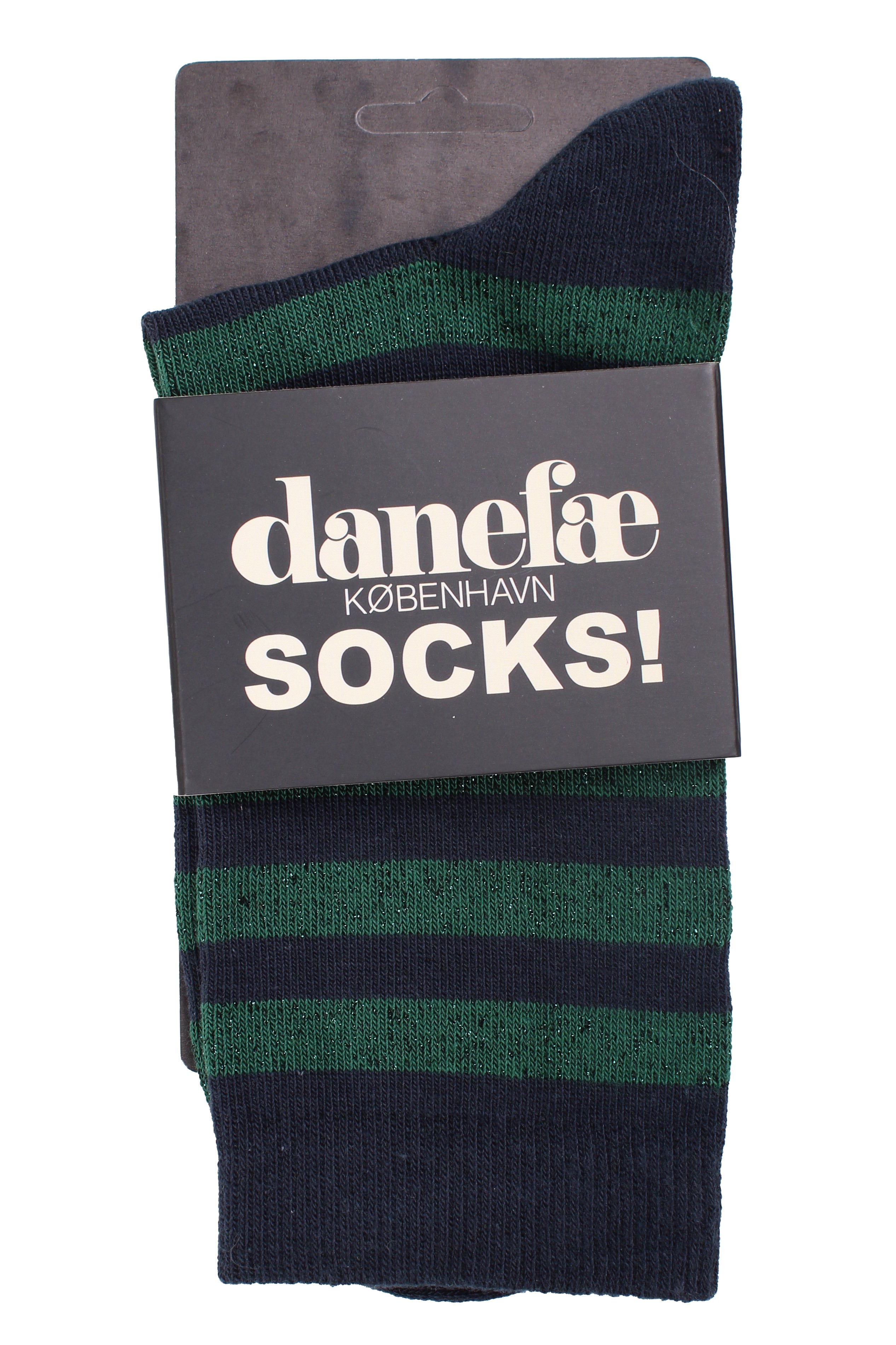 Stribede sokker med glittereffekt i navyblå og mørkegrøn til kvinder
