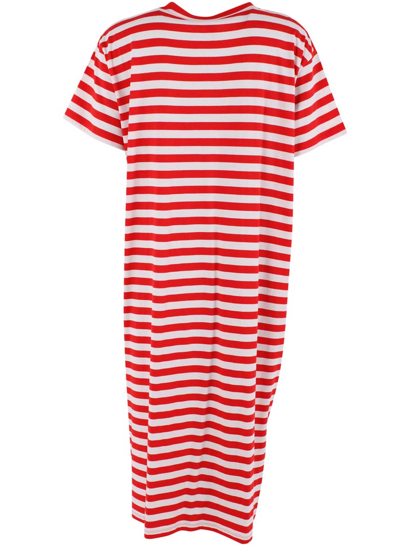 Flot kortærmet bomuldskjole med striber i rød og knækket hvid til kvinder