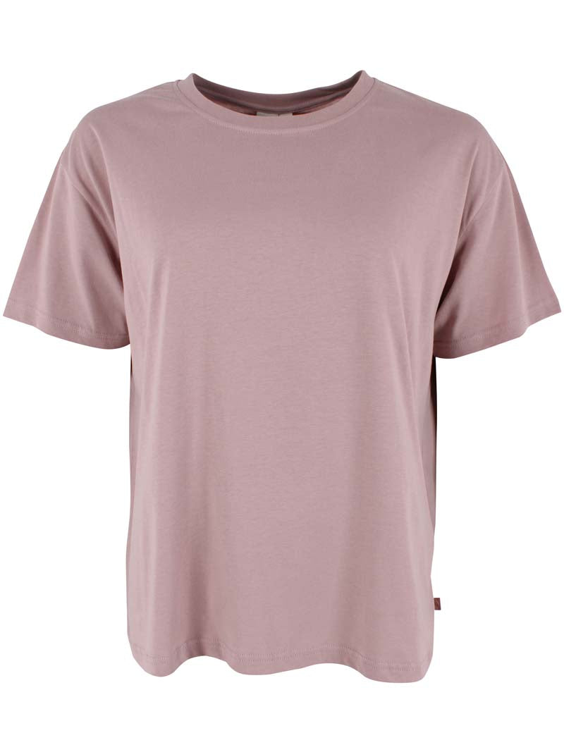 Fin boxy t-shirt i rosa beige med rund hals til kvinder
