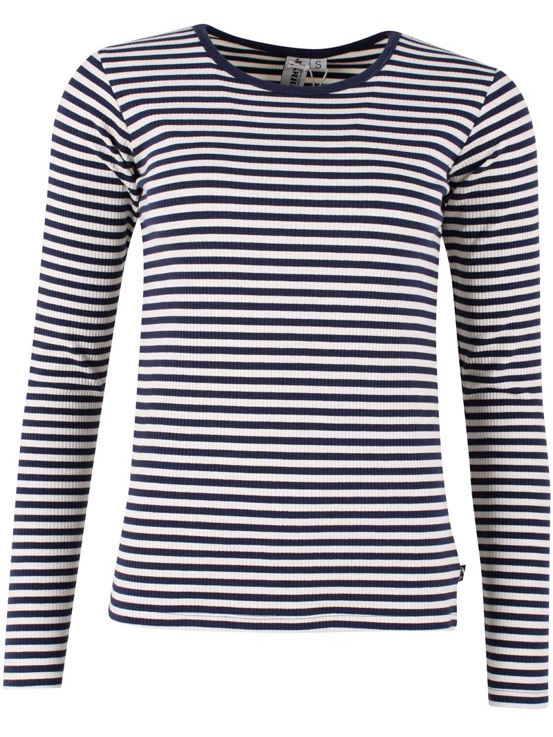 Stribet bluse i navyblå og knækket hvid med lange ærmer til kvinder