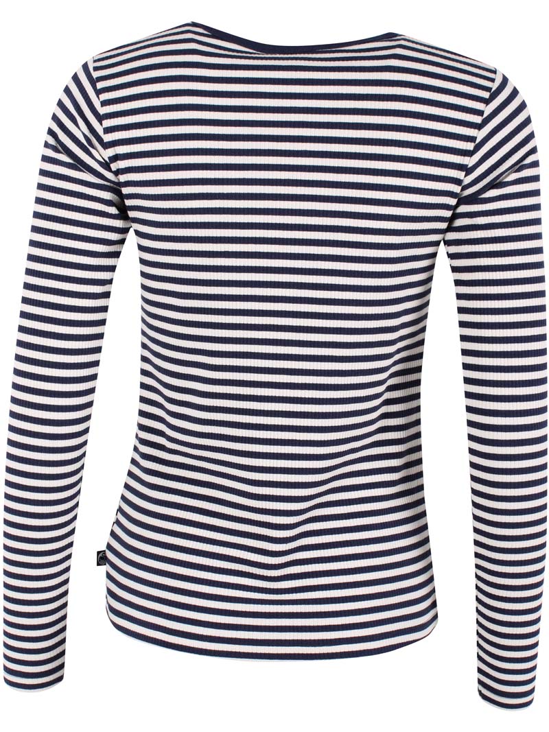 Stribet bluse i navyblå og knækket hvid med lange ærmer til kvinder