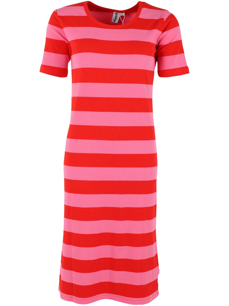 Fin kjole i bomuld og viskose med striber i pink og rød til kvinder