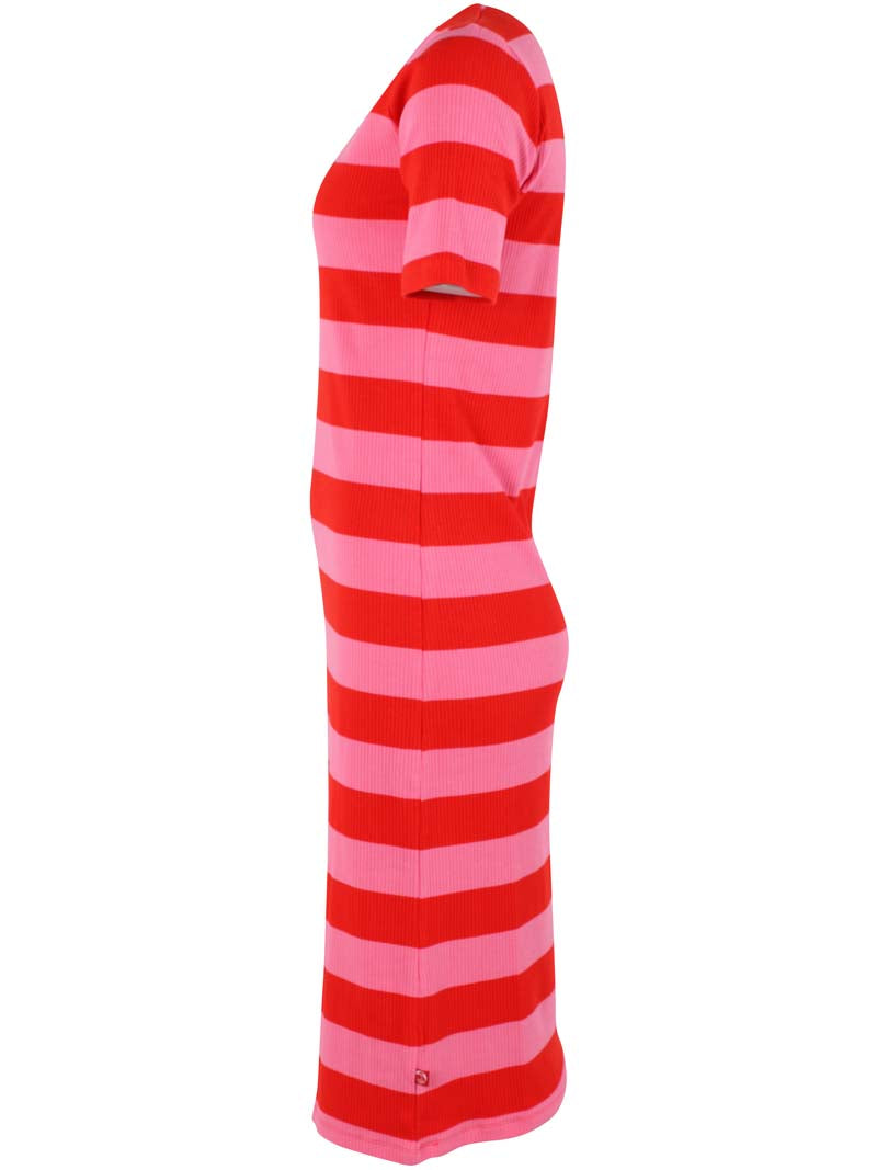 Fin kjole i bomuld og viskose med striber i pink og rød til kvinder