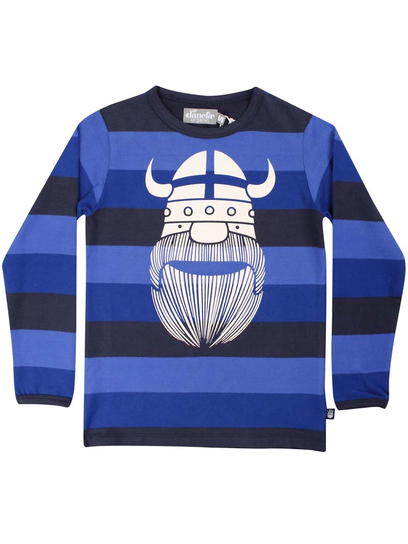 Sød langærmet bluse i bomuld med blå striber og print af viking til børn