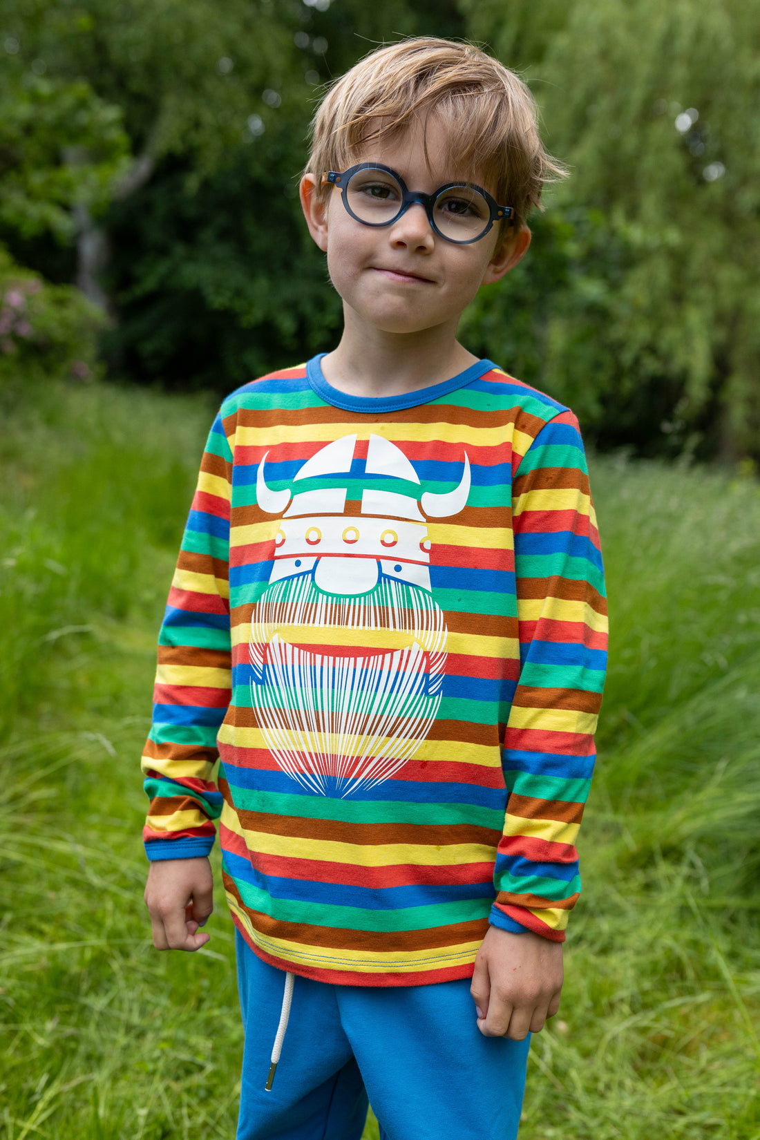 Stribet bluse i bomuld til børn med print af viking