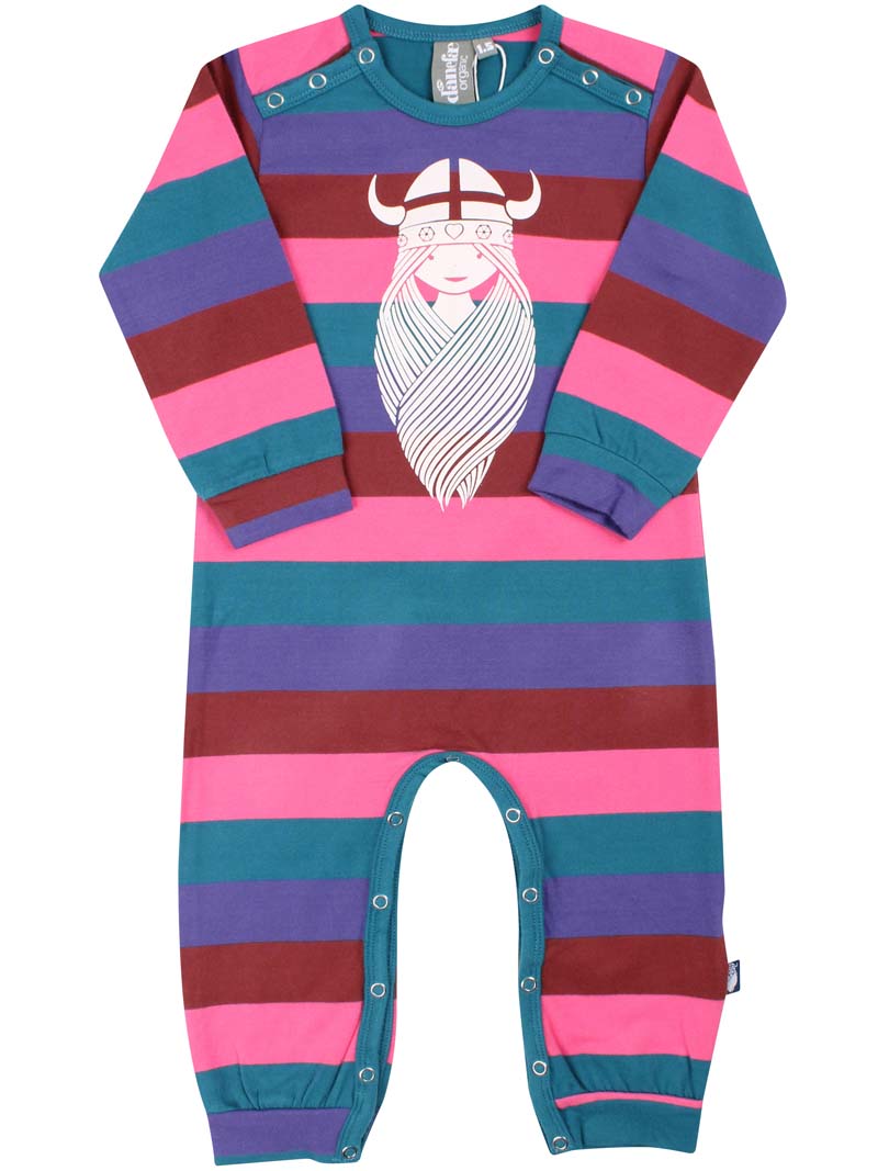 Langærmet babyheldragt i økologisk bomuld med striber og print af viking