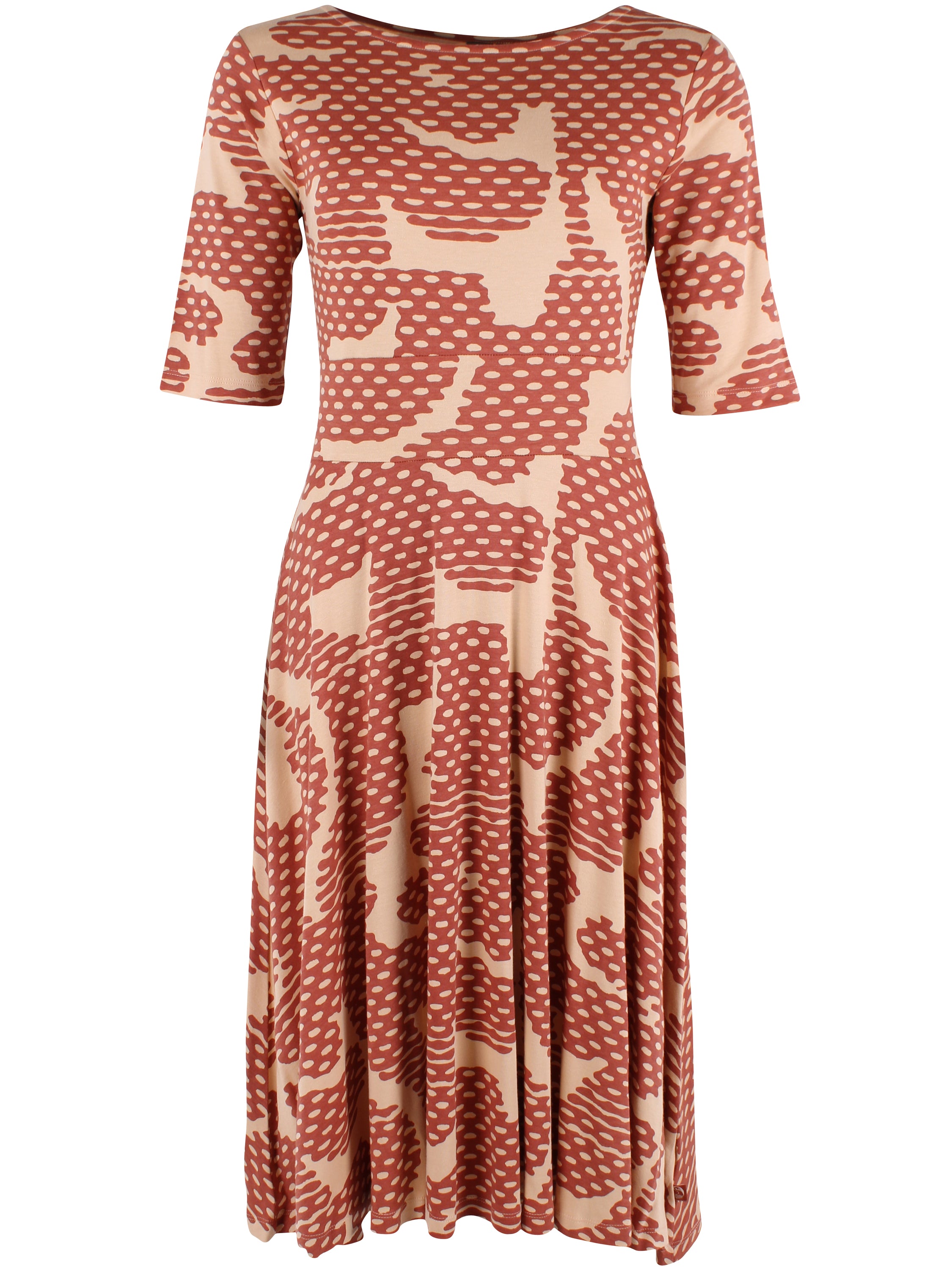 Fin mønstret kjole i orangebrun og varm sandfarve til kvinder